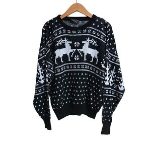 Vintage Sears Men's Size Medium Black and White Reindeer Sweater.